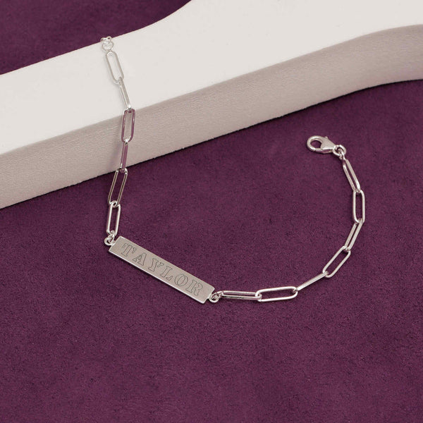 Personalised 925 Sterling Silver Engraved Horizontal Bar Name with Paperclip Link Chain Bracelet for Women