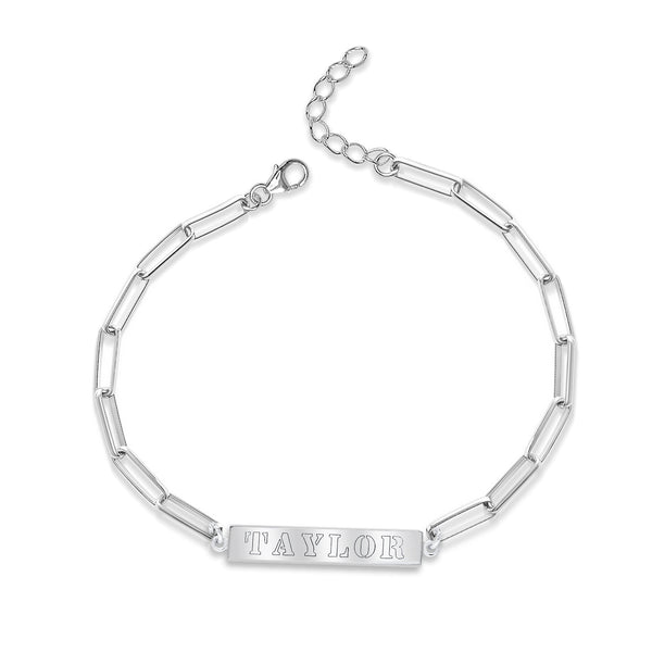 Personalised 925 Sterling Silver Engraved Horizontal Bar Name with Paperclip Link Chain Bracelet for Women
