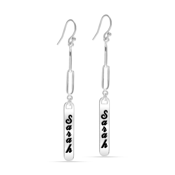 Personalised 925 Sterling Silver Paperclip Chain Name Bar Drop Dangle Earrings for Women