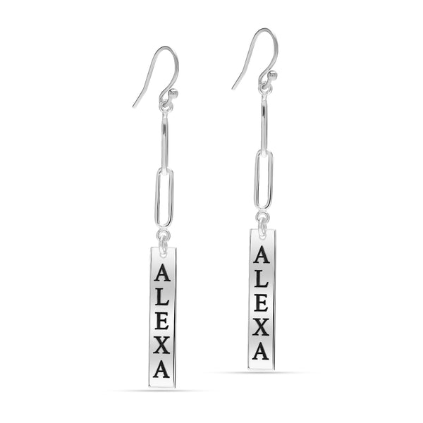 Personalised 925 Sterling Silver Paperclip Link Chain Bar Dangle Earrings for Women