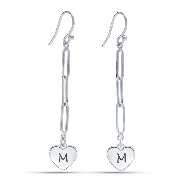 Personalised 925 Sterling Silver Initial Heart Charm Paperclip Link Dangle Earrings for Women