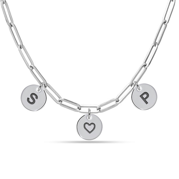 Personalised 925 Sterling Silver Initial Couples with Round Disc Charm Paperclip Chain Necklace for Women
