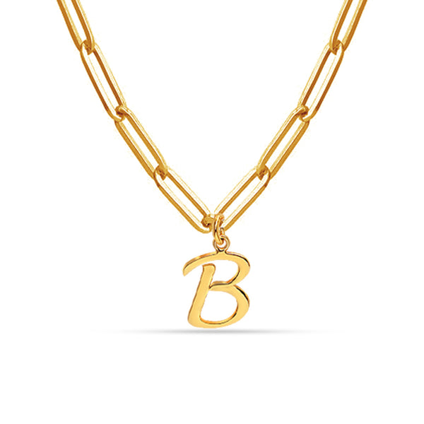 Personalised 925 Sterling Silver Yellow Gold Plated Initial Charm Paperclip Link Chain Pendant Necklace for Women
