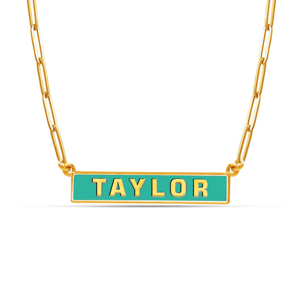 Personalised 925 Sterling Silver Yellow Gold Plated Horizontal Enamel Bar Paperclip Link Chain Pendant Necklace for Women