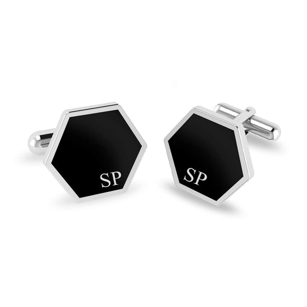 Personalised 925 Sterling Silver Alphabet Letter Initial Black Enamel Hexagon Cufflink for Men and Boys