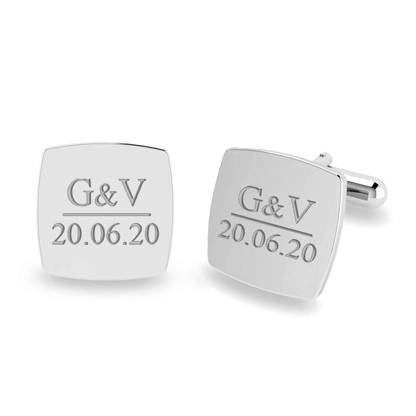 925 Sterling Silver Personalised Name and Date for Groom Engraved Square Cufflink for Men and Boys