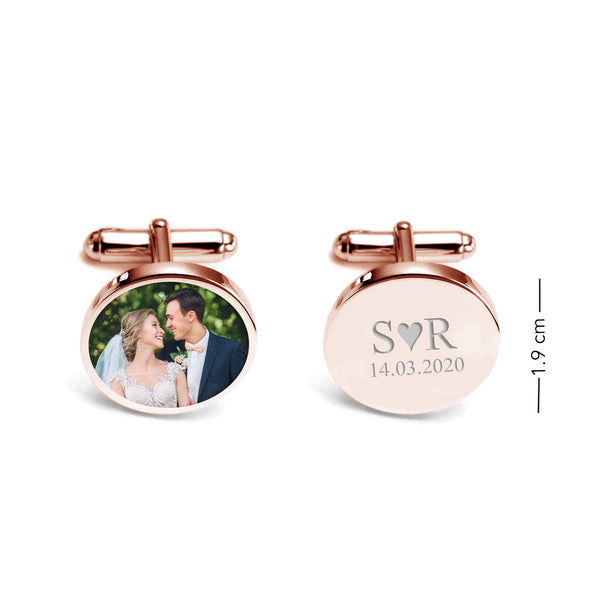 Personalised 925 Sterling Silver Photo Round Engraved Couple Initails and Date Customised Memorial Cufflinks for Men