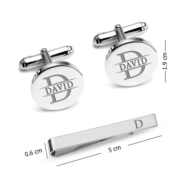 Personalised 925 Sterling Silver Engraved Initial or Name Designer Round Cufflinks and Tie Clip Set Collection Ideal for Men and Boys