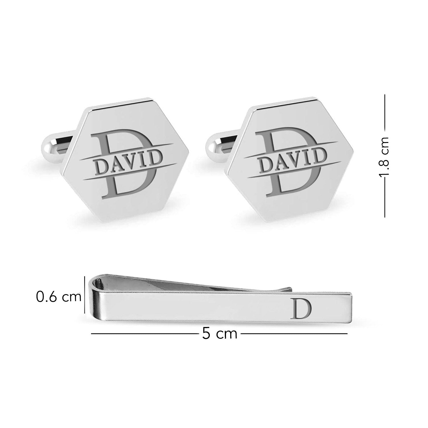 Personalised 925 Sterling Silver Engraved Initial or Name Designer Hexagon Cufflinks and Tie Clip Set Collection Ideal Men and Boys