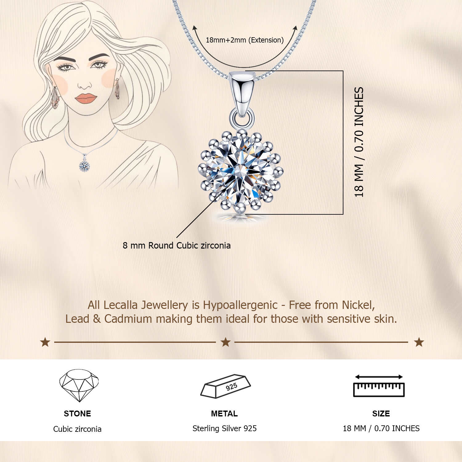 925 Sterling Silver Cubic Zirconia Diamond like Brilliance Sparkling Round Pendant Necklace for Women