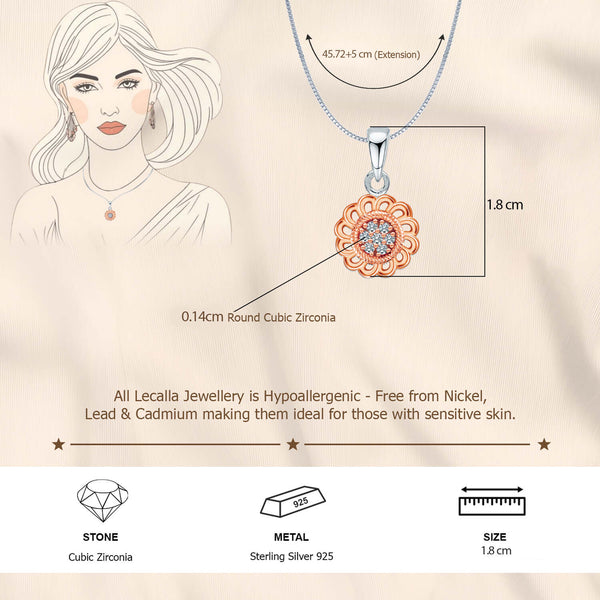 925 Sterling Silver Rose Gold-Plated Cubic Zirconia Ethnic Flower Diamond like Brilliance Sparkling Elegant Pendant Necklace for Women