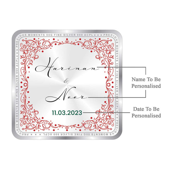 BIS Hallmarked Personalised Newly Married Anniversary Beautiful Square 999 Pure Silver Coin