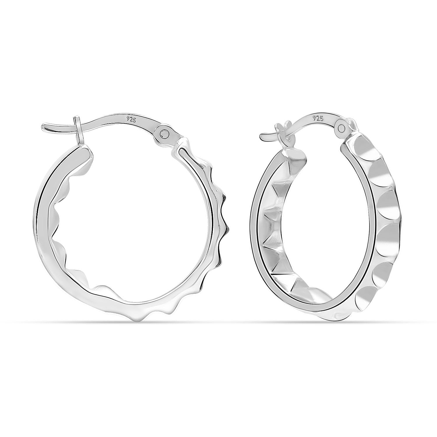 925 Sterling Silver Pyramid Spikes Patterned Sleeper Diamond-Cut Textured Hoop Earrings for Women