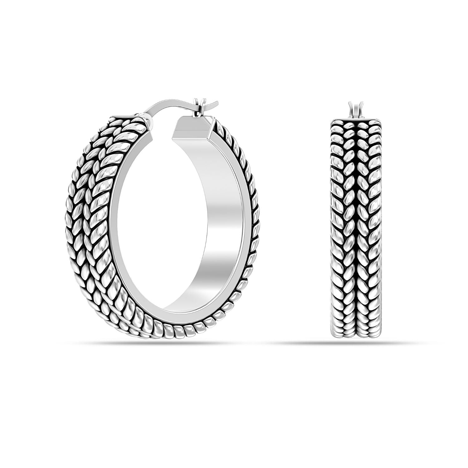 925 Sterling Silver Antique Texture Hoop Earrings for Women