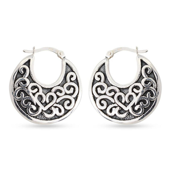 925 Sterling Silver Antique Finish Tribal Filigree Hoop Earrings for Women