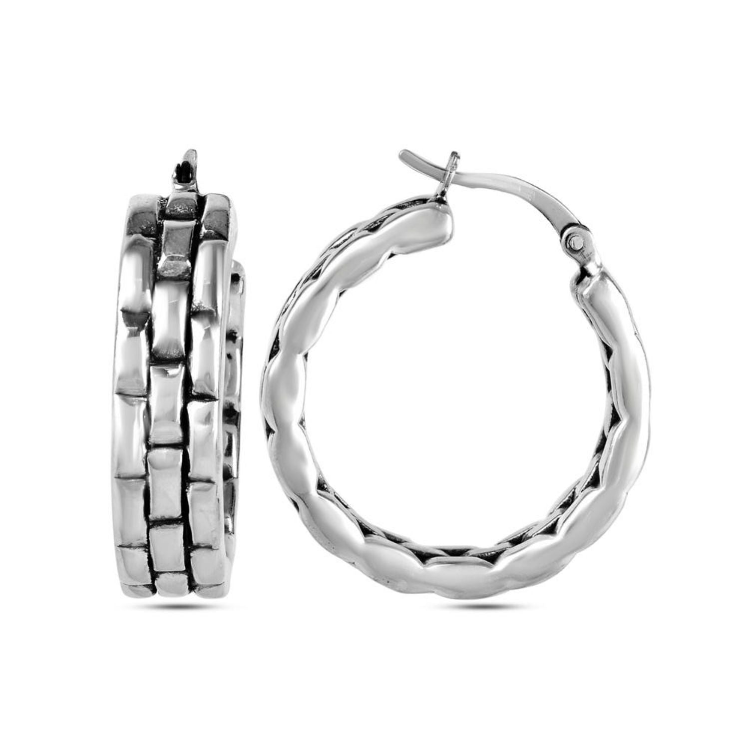 925 Sterling Silver Bricks Hoop Earrings for Women 25 MM