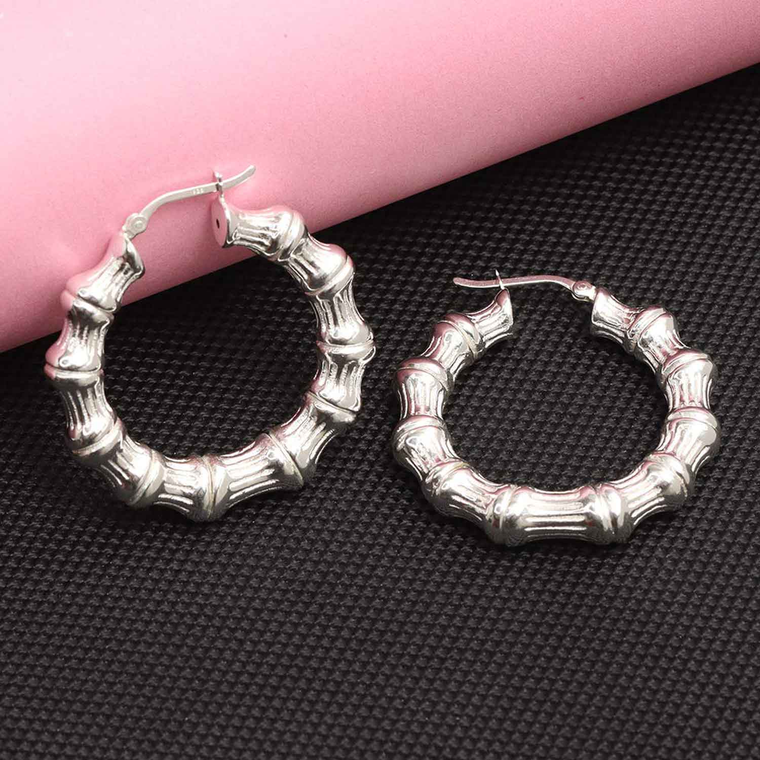 925 Sterling Silver Bamboo Large Hoop Earrings for Women