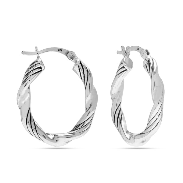 925 Sterling Silver Twisted Textured Round Shape Click-Top Hoop Earrings for Women