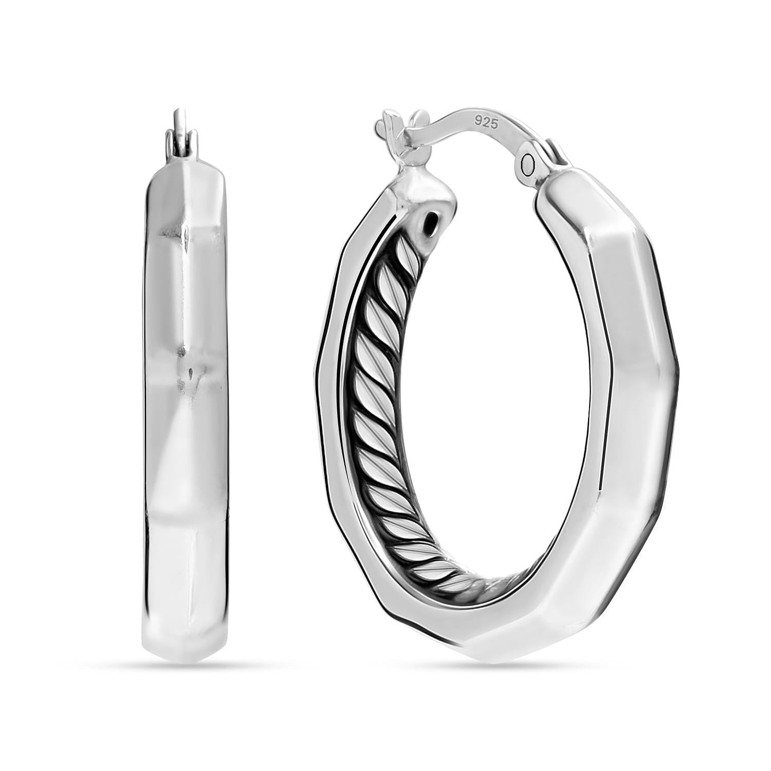 925 Sterling Silver Small Simple Edged Minimalist Geometric Shape Creole Hoop Earrings for Women Teen