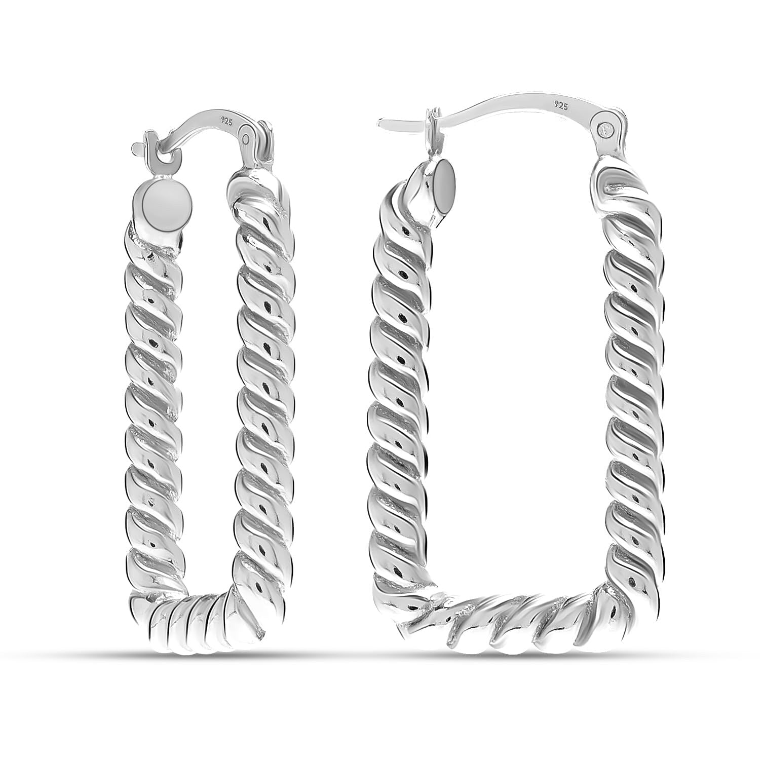 925 Sterling Silver Twisted Textured Rectangle U-Shape Click-Top Hoop Earrings for Women