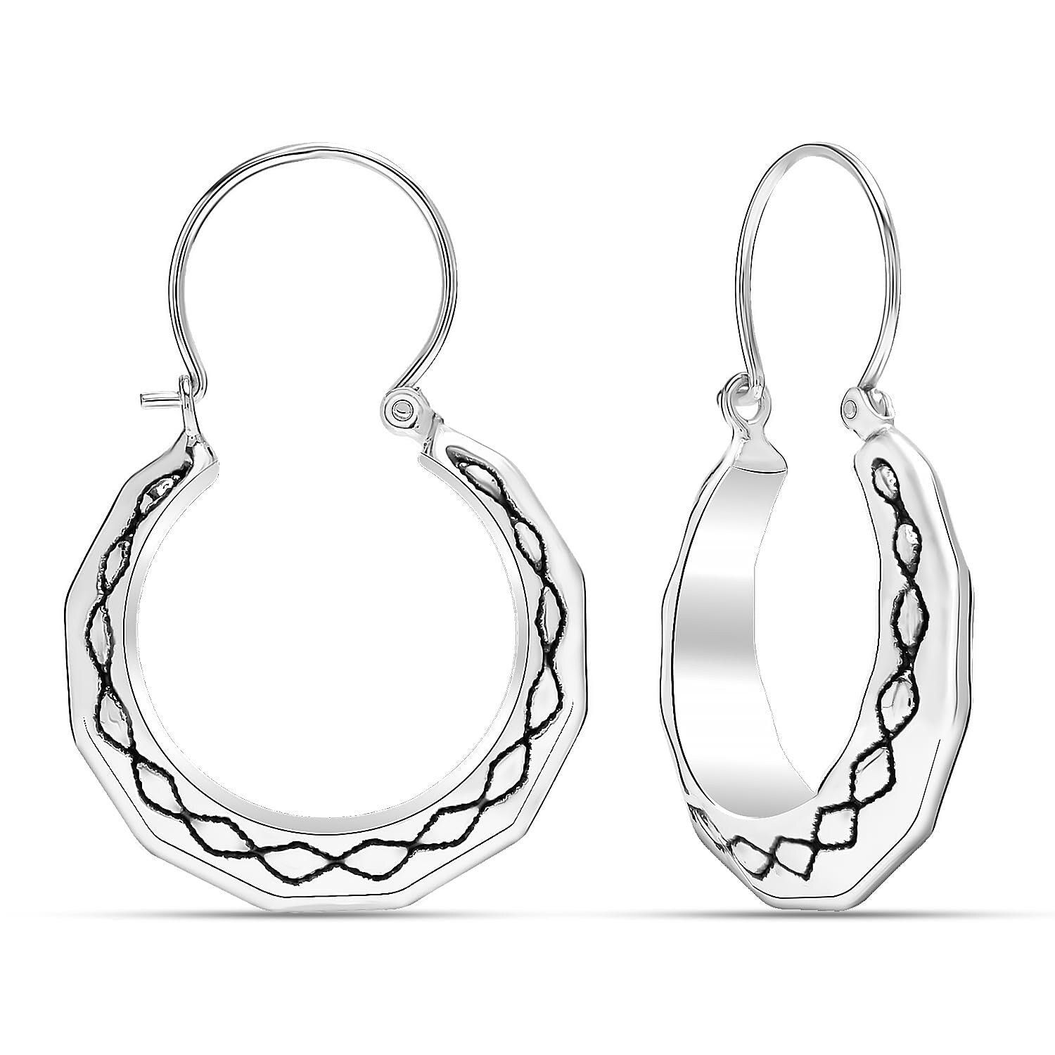 925 Steling Silver Textured Bali Inspired Click-Top Hoop Earrings for Women