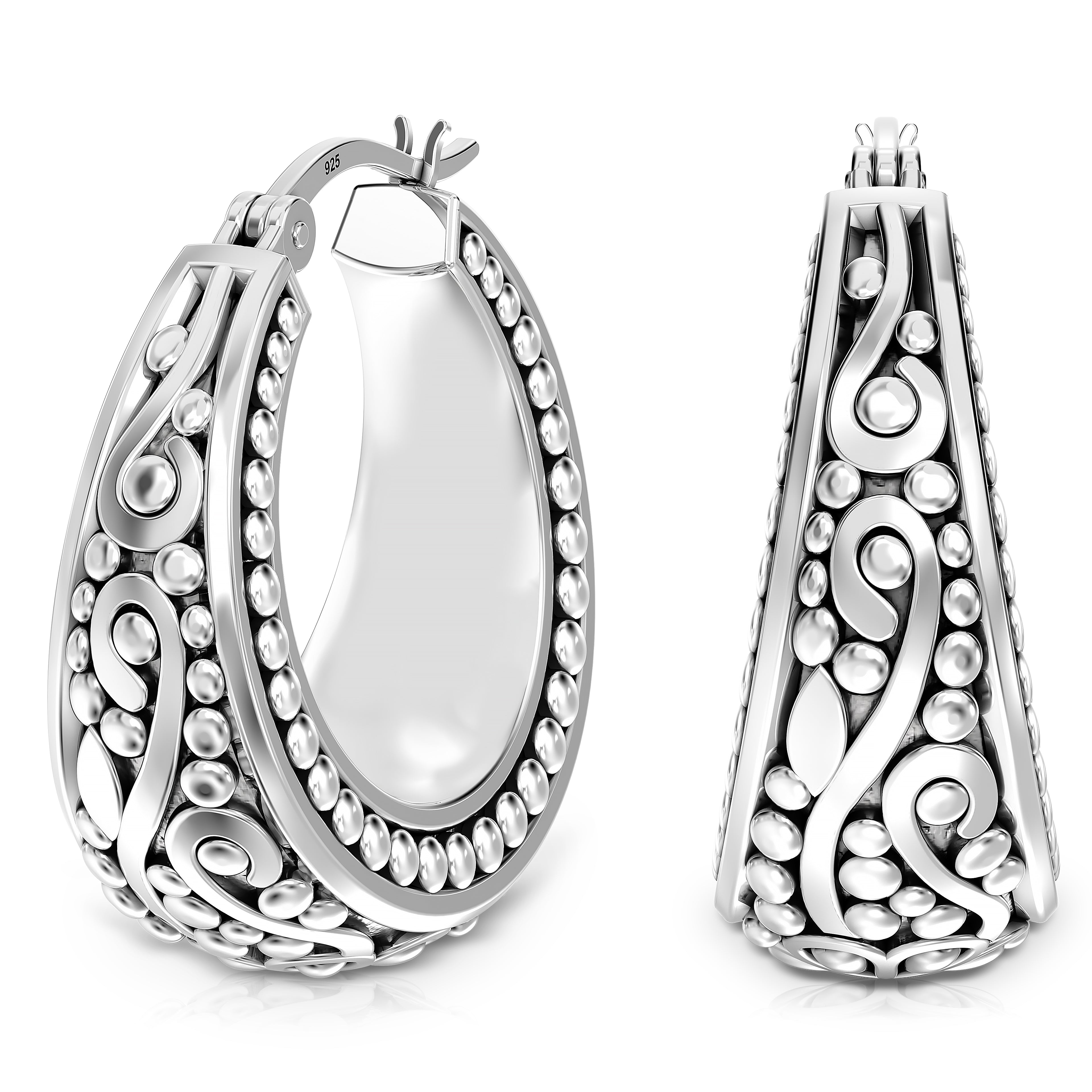 925 Sterling Silver Antique Floral Design Beaded Filigree Lightweight Bali Style Chunky Click-Top Hoop Earrings for Women