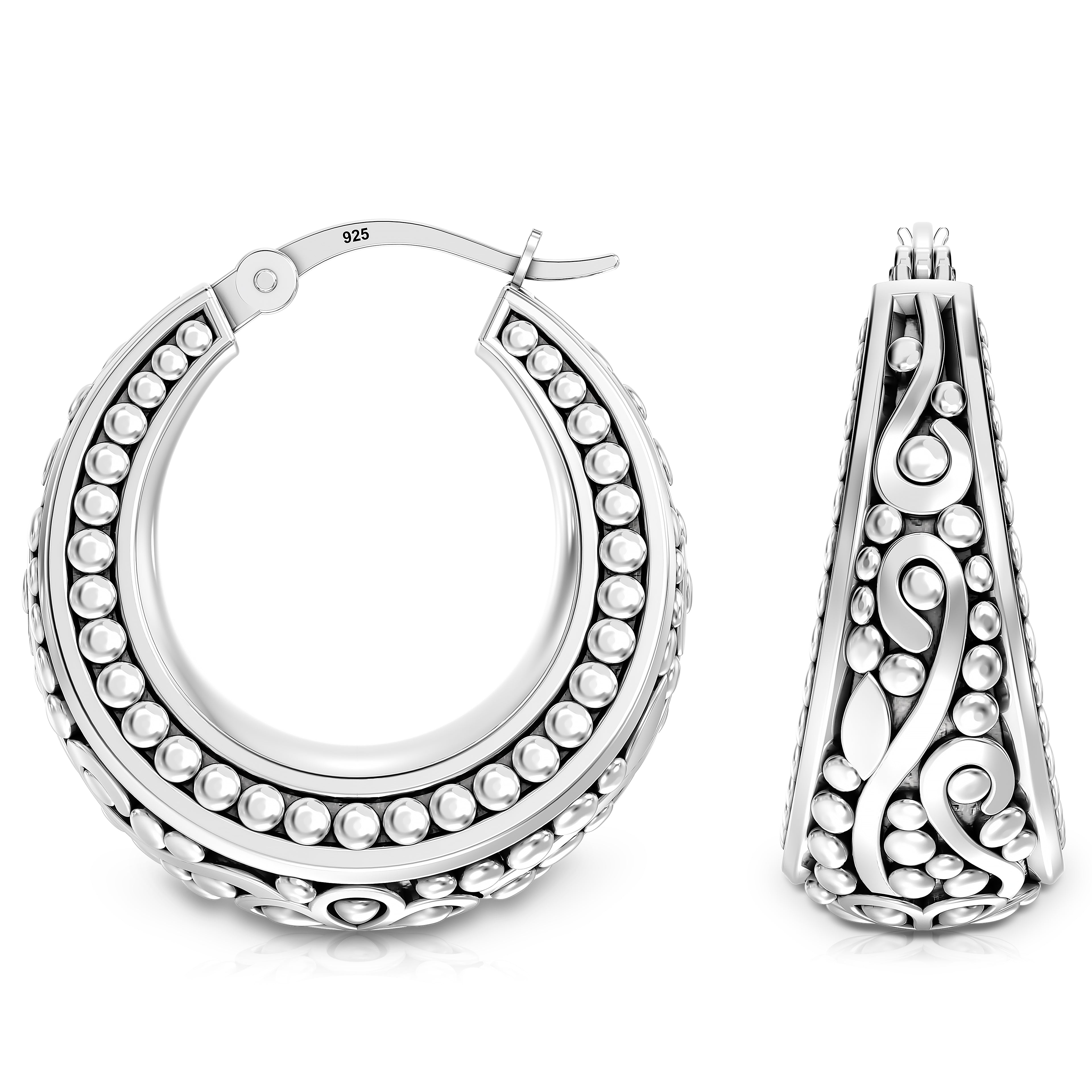 925 Sterling Silver Antique Floral Design Beaded Filigree Lightweight Bali Style Chunky Click-Top Hoop Earrings for Women