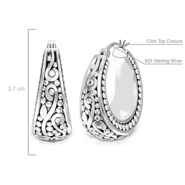 925 Sterling Silver Antique Floral Design Beaded Filigree Lightweight Bali Style Chunky Click-Top Hoop Earrings for Women