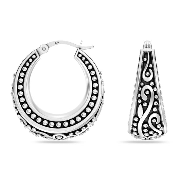 925 Sterling Silver Antique Floral Design Beaded Filigree Lightweight Bali Style Chunky Click-Top Hoop Earrings for Women