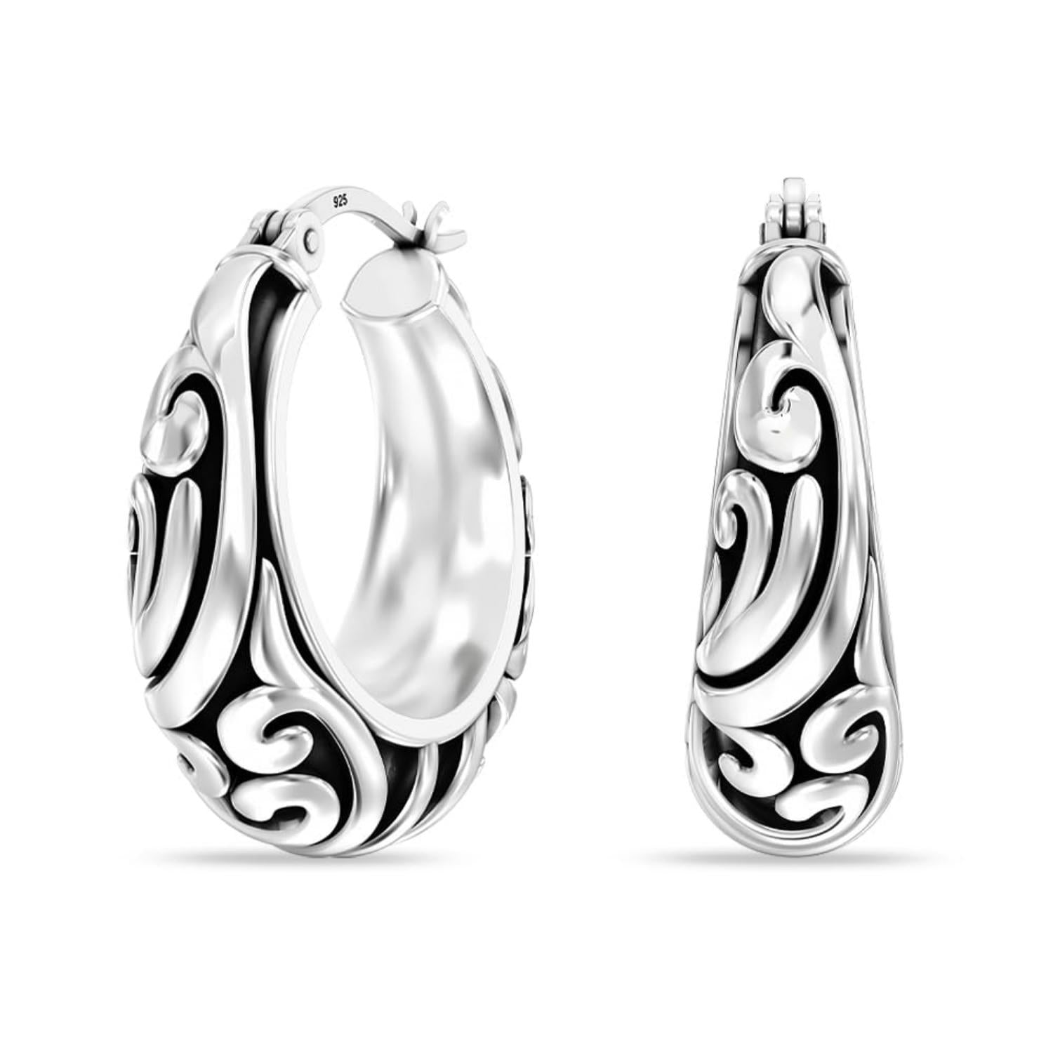 925 Sterling Silver Antique Vintage Inspired Filigree Lightweight Bali Style Chunky SMALL Click-Top Hoop Earrings for Women