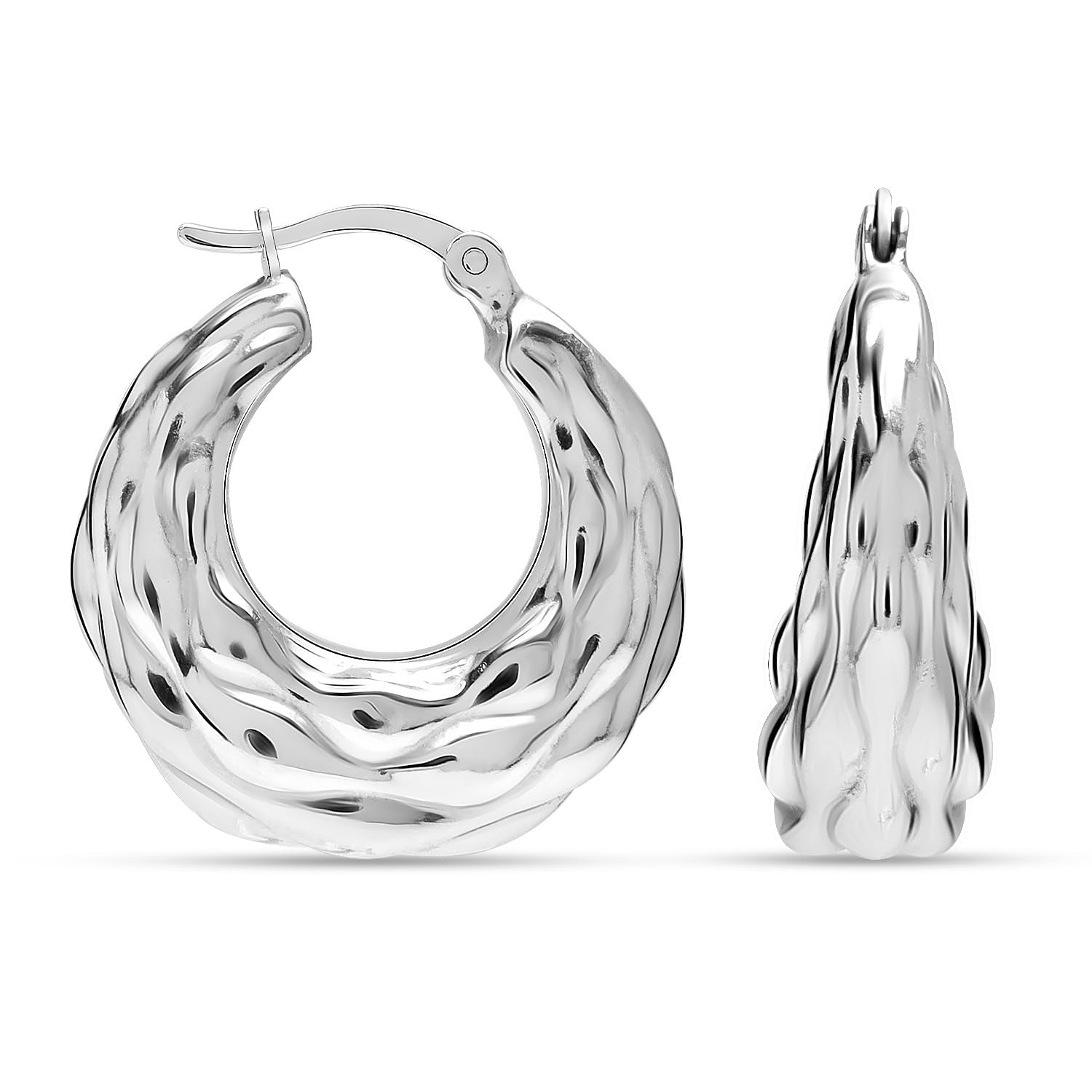 925 Sterling Silver Chunky Round Shrimp Textured Puff Click-Top Hoop Earrings for Women