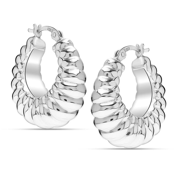 925 Sterling Silver Chunky Small Italian Design Shrimp Textured Click-Top Hoop Earrings for Women