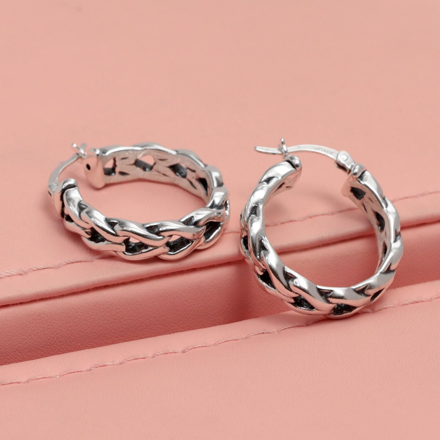 925 Sterling Silver Antique Chunky Chain Round Shape Click-Top Hoop Earrings for Women