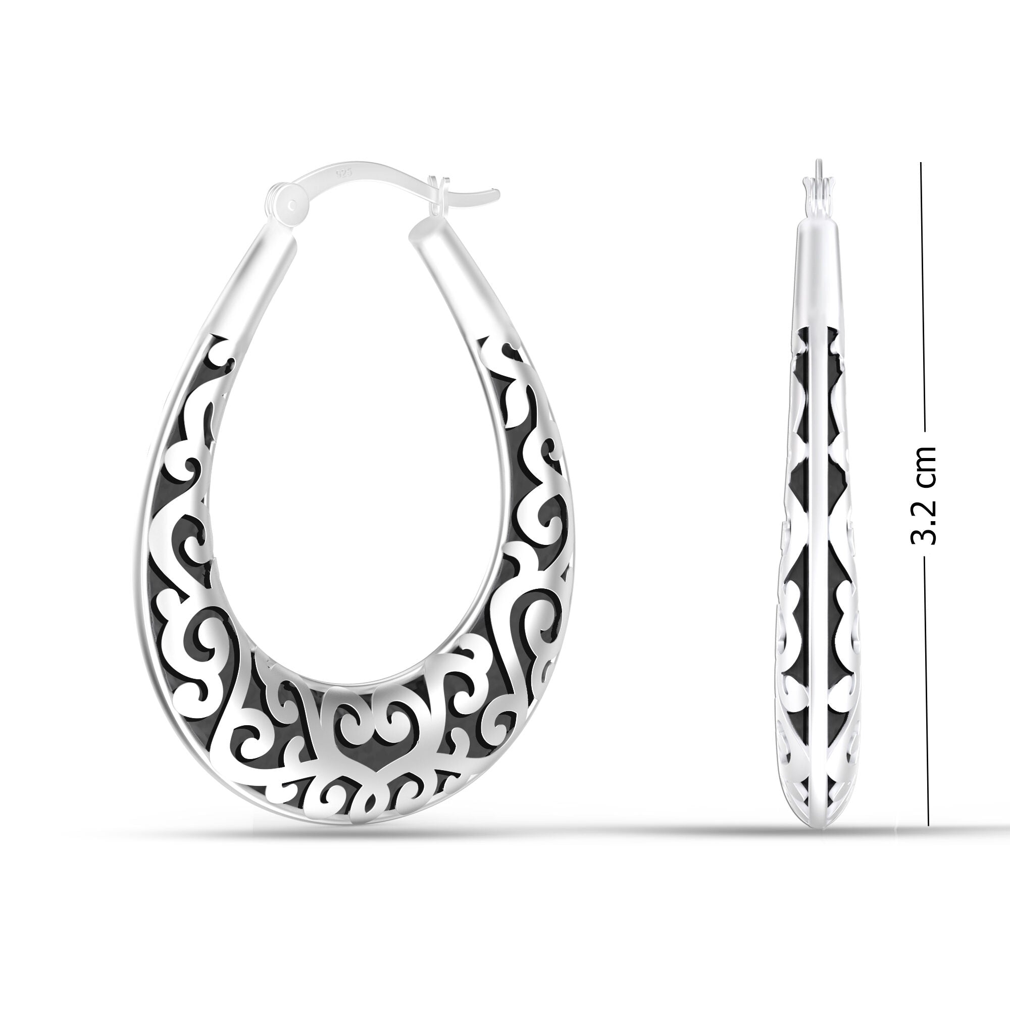 925 Sterling Silver Antique Oval Filigree Click-Top Hoop Earrings for Women