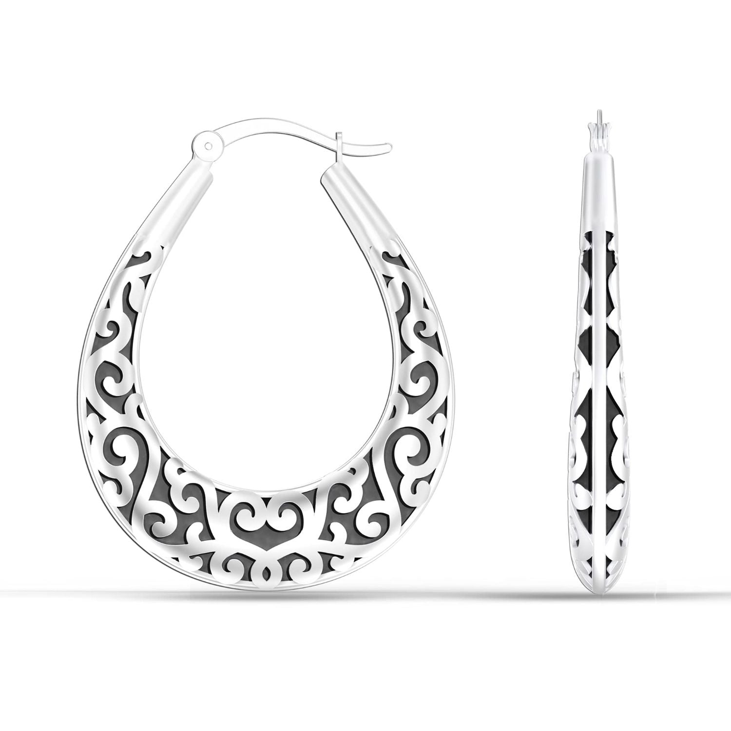 925 Sterling Silver Antique Oval Filigree Click-Top Hoop Earrings for Women