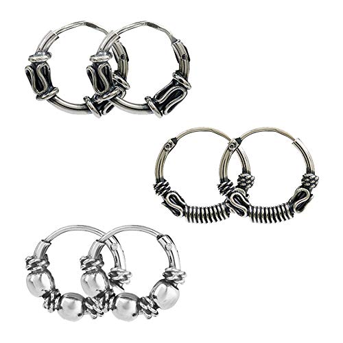 925 Sterling Silver Set of 3 Pair Antique Endless Balinese Small Hoop Earring for Men Women