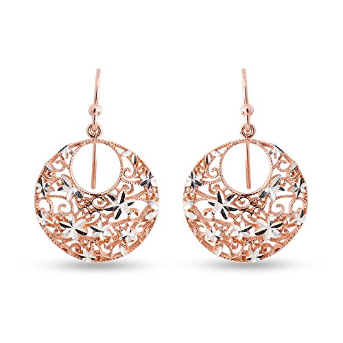 925 Sterling Silver Diamond-Cut Filigree Rose-Gold-Plated Drop Dangler Earring for Women Girl