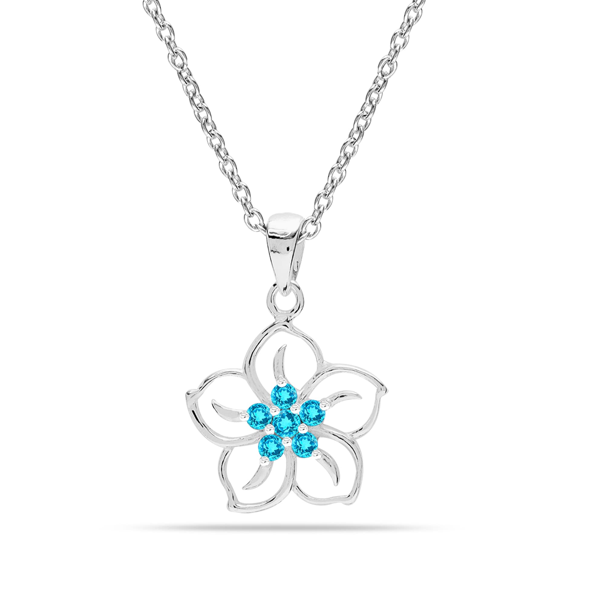 925 Sterling Silver Genuine Sky Blue Topaz Flower Pendant Necklace for Women Teen 18 Inches