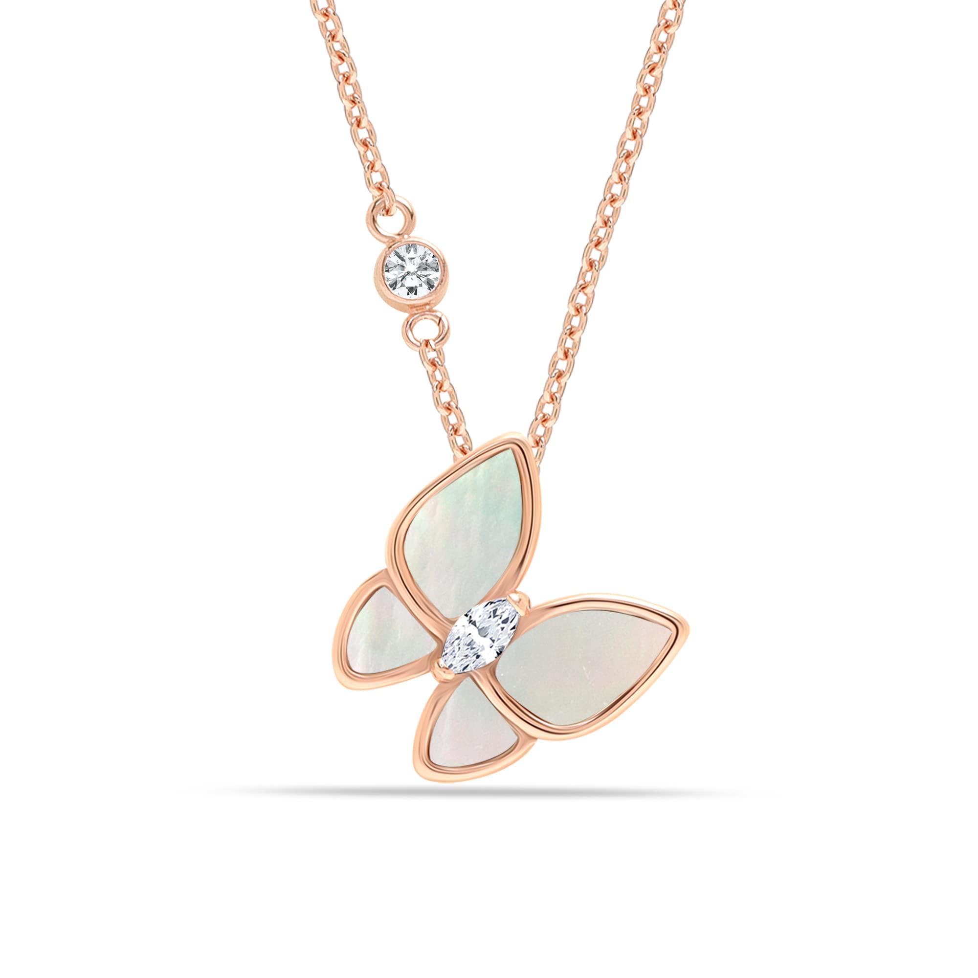 925 Sterling Silver 18K Rose Gold-Plated Mother of Pearl Butterfly Pendant Necklace for Women Teen