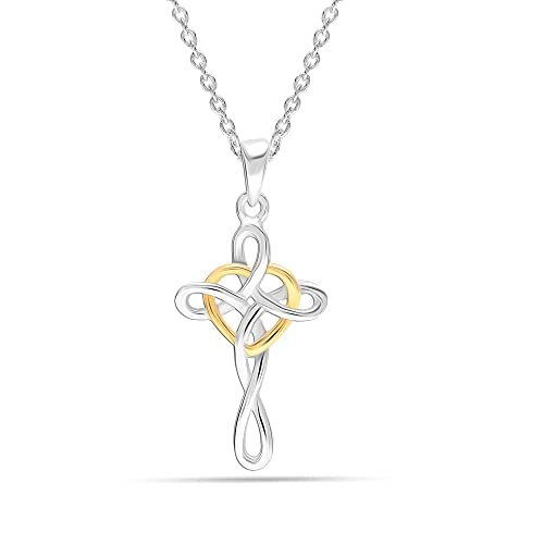 925 Sterling Silver Two-Tone Celtic Knot Cross Infinity Heart Love Pendant Necklace for Teen Women