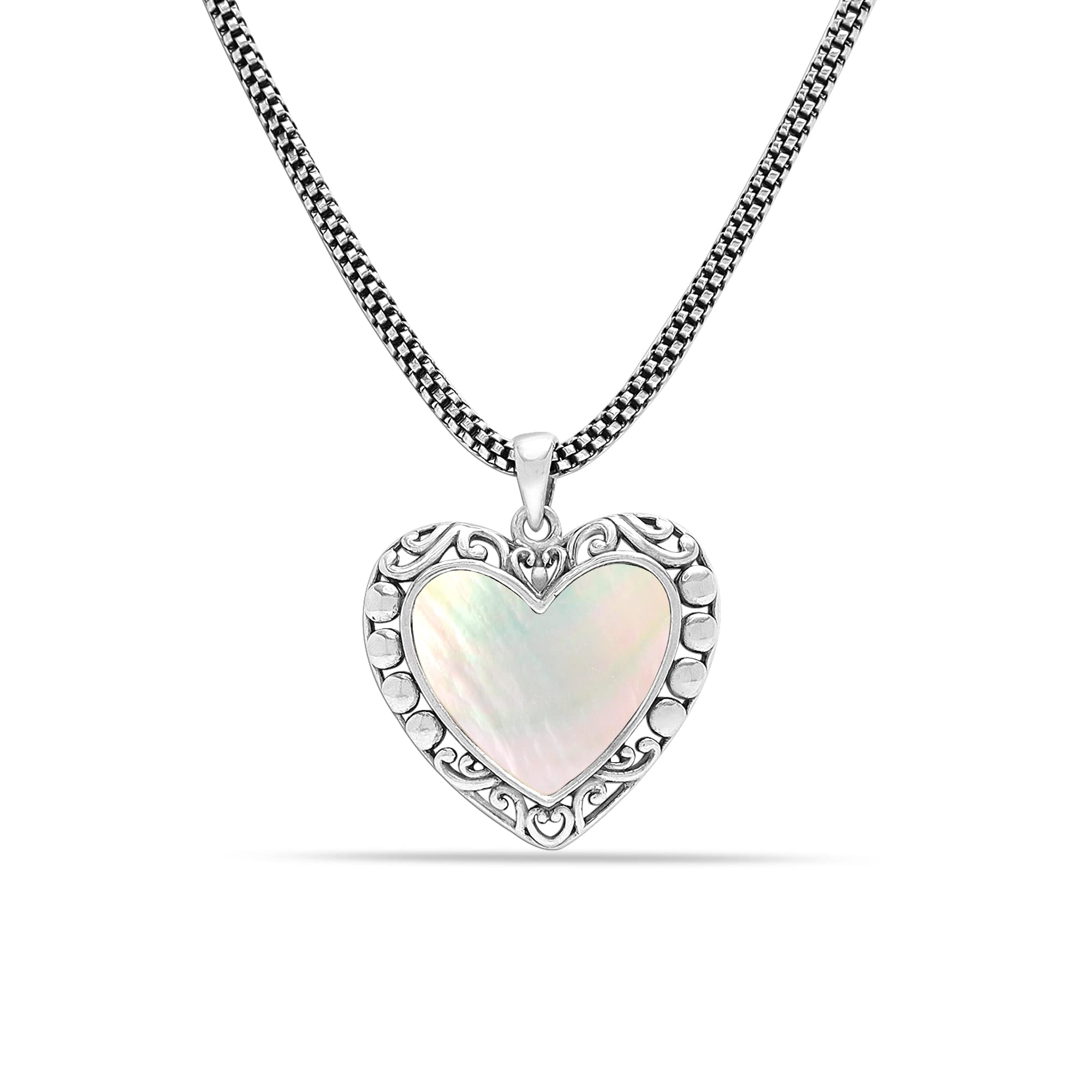 925 Sterling Silver Antique Mother Of Pearl Heart Pendant Necklace for Women Teen