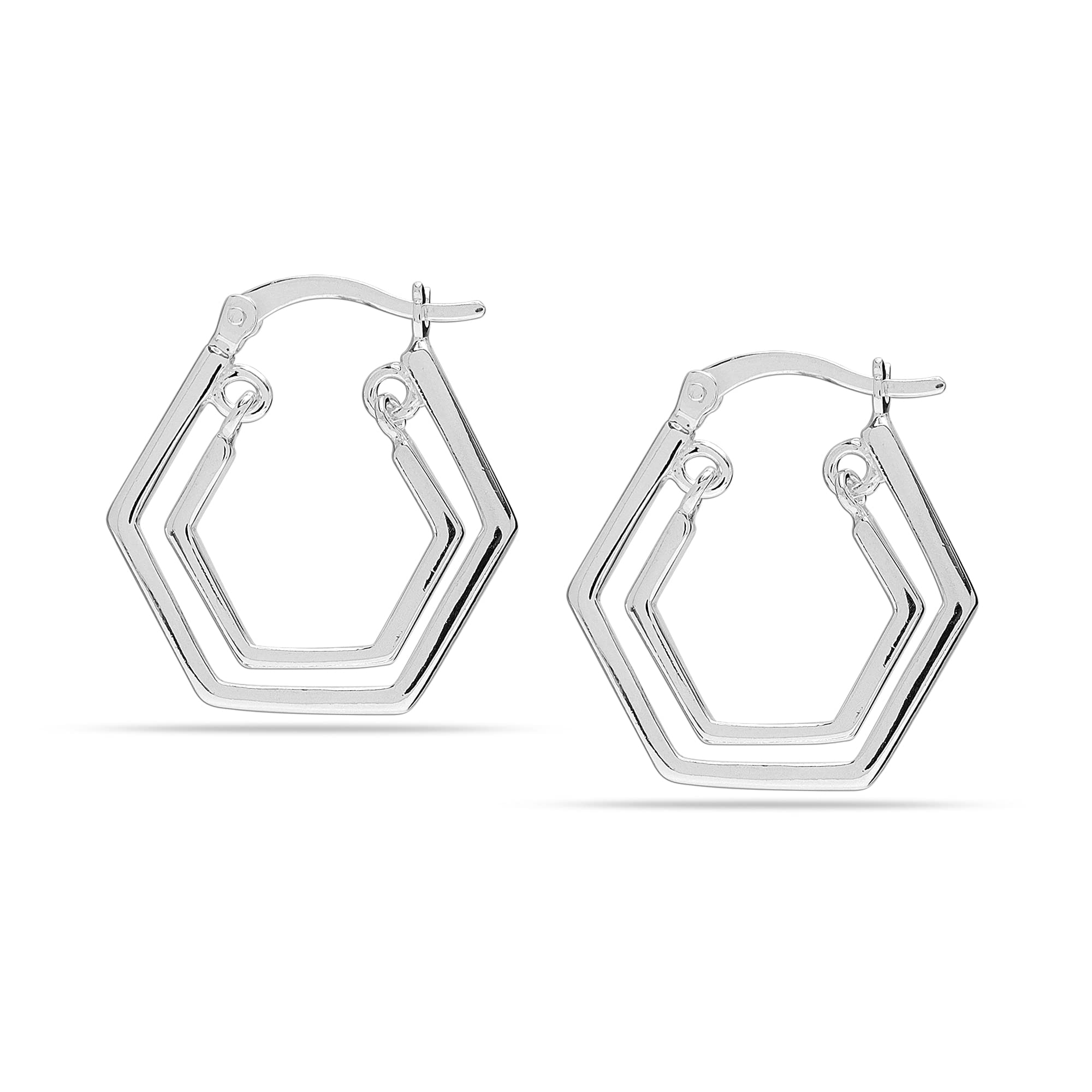 925 Sterling Silver 18K Gold-Plated Double Hexagon Click-Top Hoop Earring for Women Teen