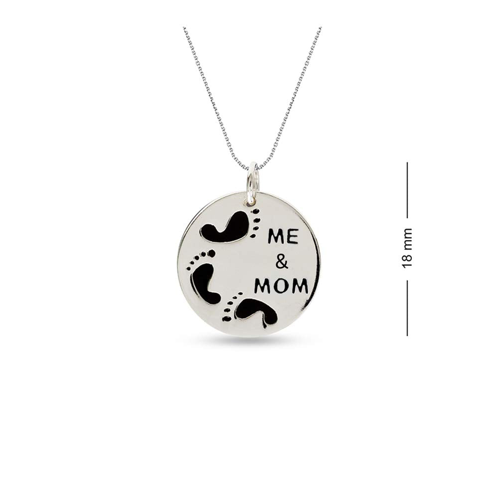 925 Sterling Silver Round Disc with Foot Print Me and Mom Engraved Pendant with Cable Chain for Women