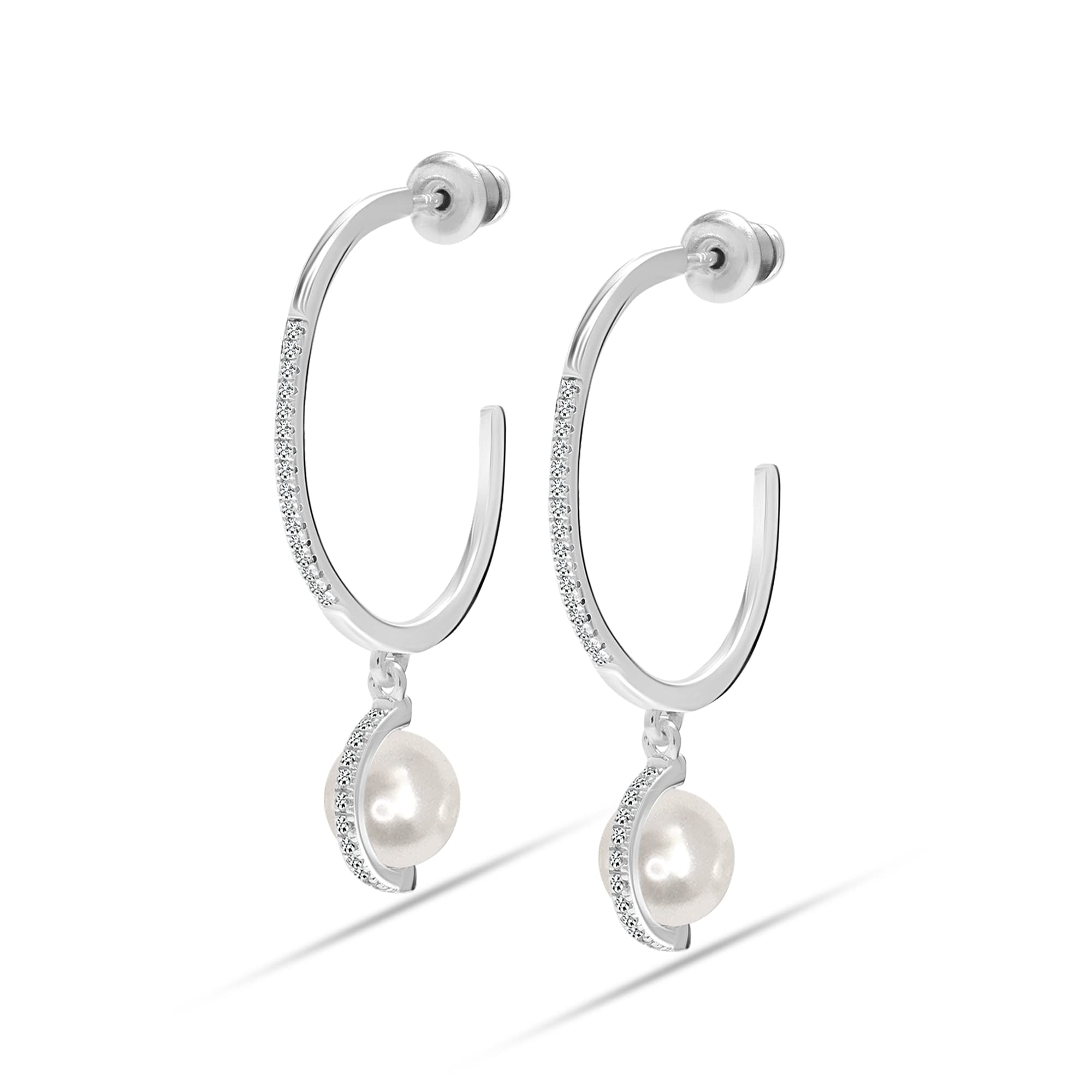 925 Sterling Silver Pearl Drop White Gold Hypoallergenic Hoop Earring for Women