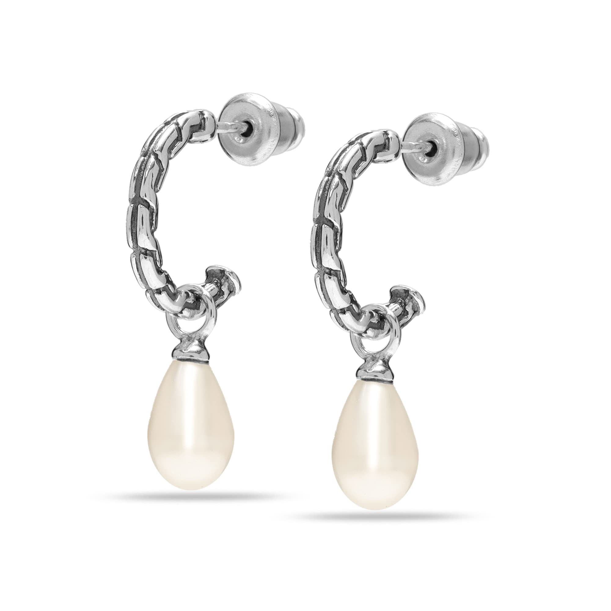 925 Sterling Silver Oval Pearl Antique C Hoop Earring for Women