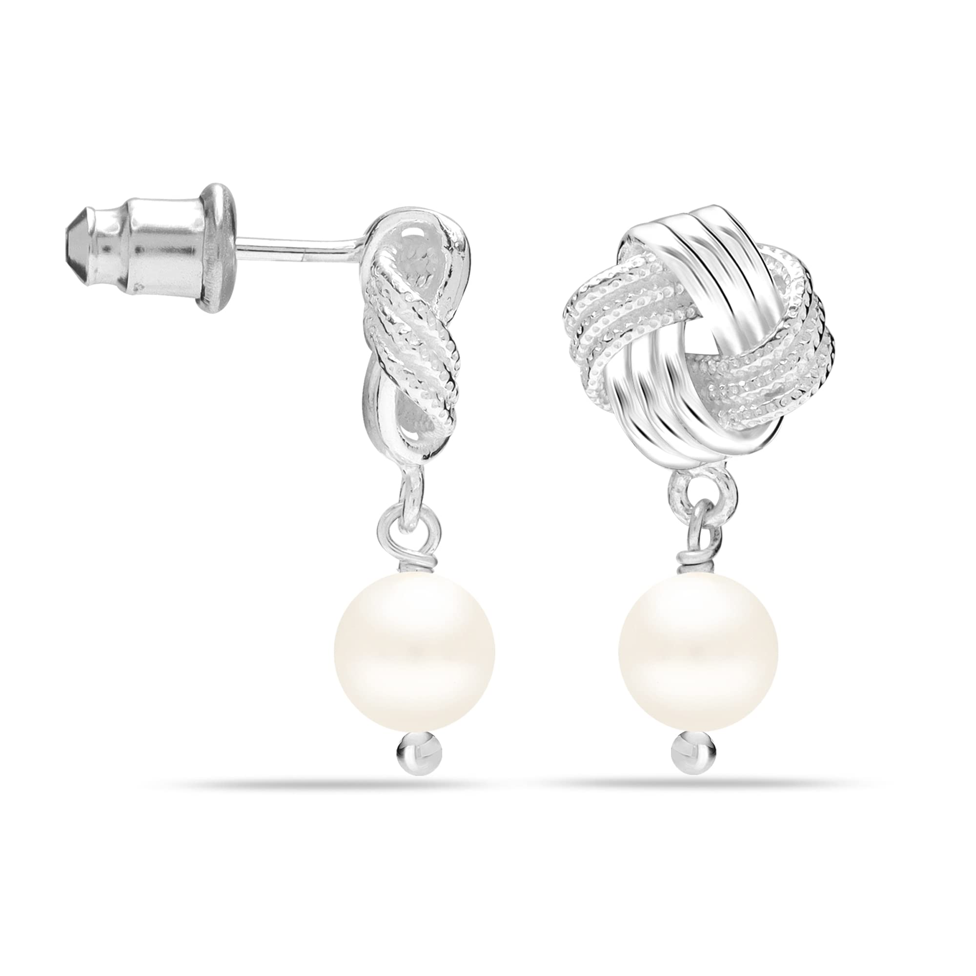 925 Sterling Silver Freshwater Pearl Love Knot Drop Hypoallergenic Stud Earring for Women