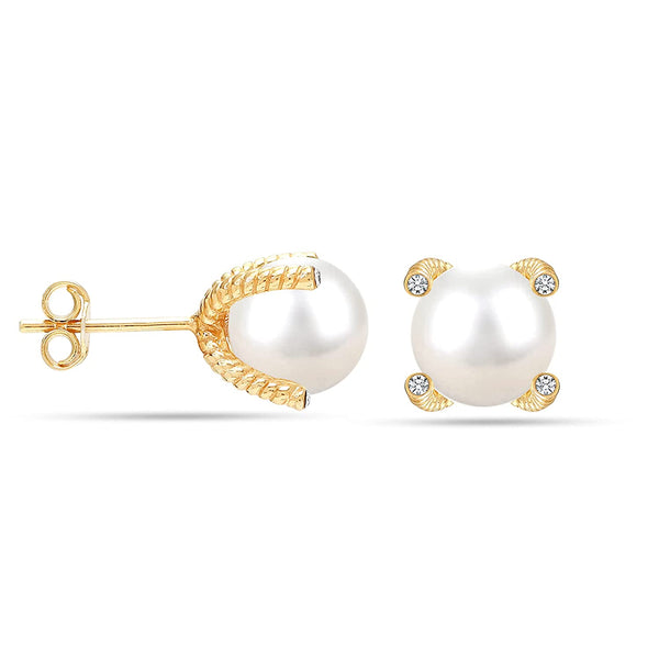 925 Sterling Silver Gold-Plated Simulated Pearl Stud Earring for Women and Teen