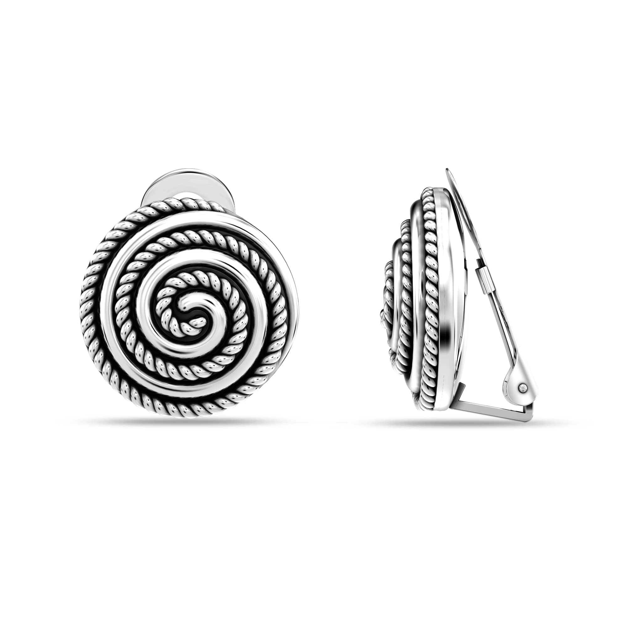 925 Sterling Silver Round Texture Antique Clip On Stud Earring for Women