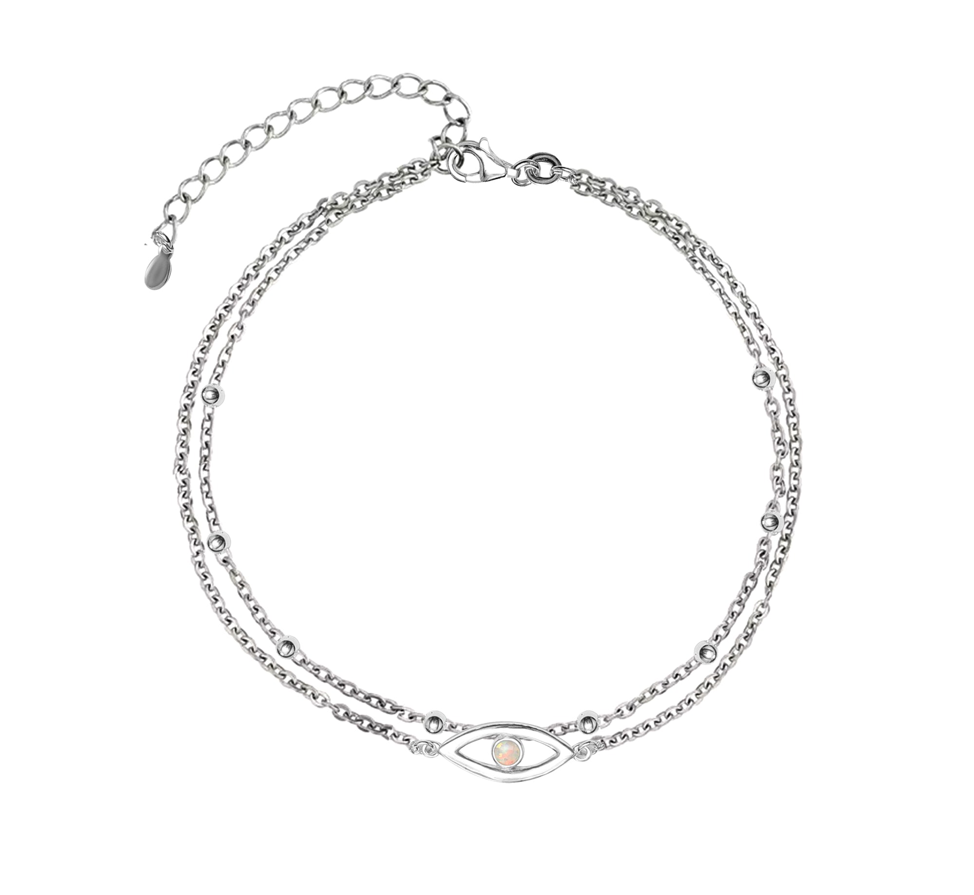 925 Sterling Silver Created Opal Layered Evil Eye Beaded Adjustable Anklet for Teen Women 1 PC