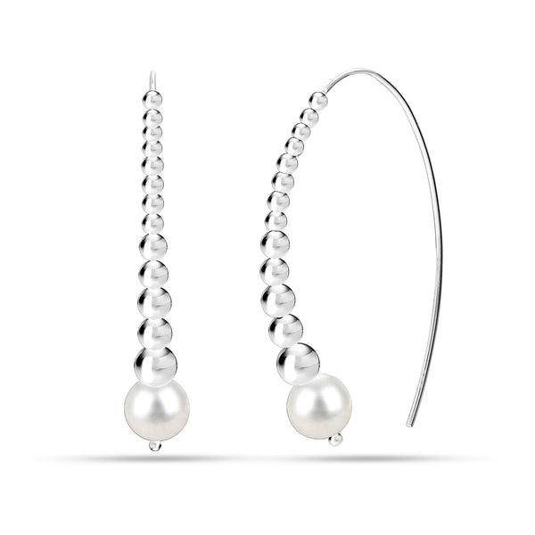 925 Sterling Silver Ball Bead Freshwater Pearl Dangling Earring for Women and Teen